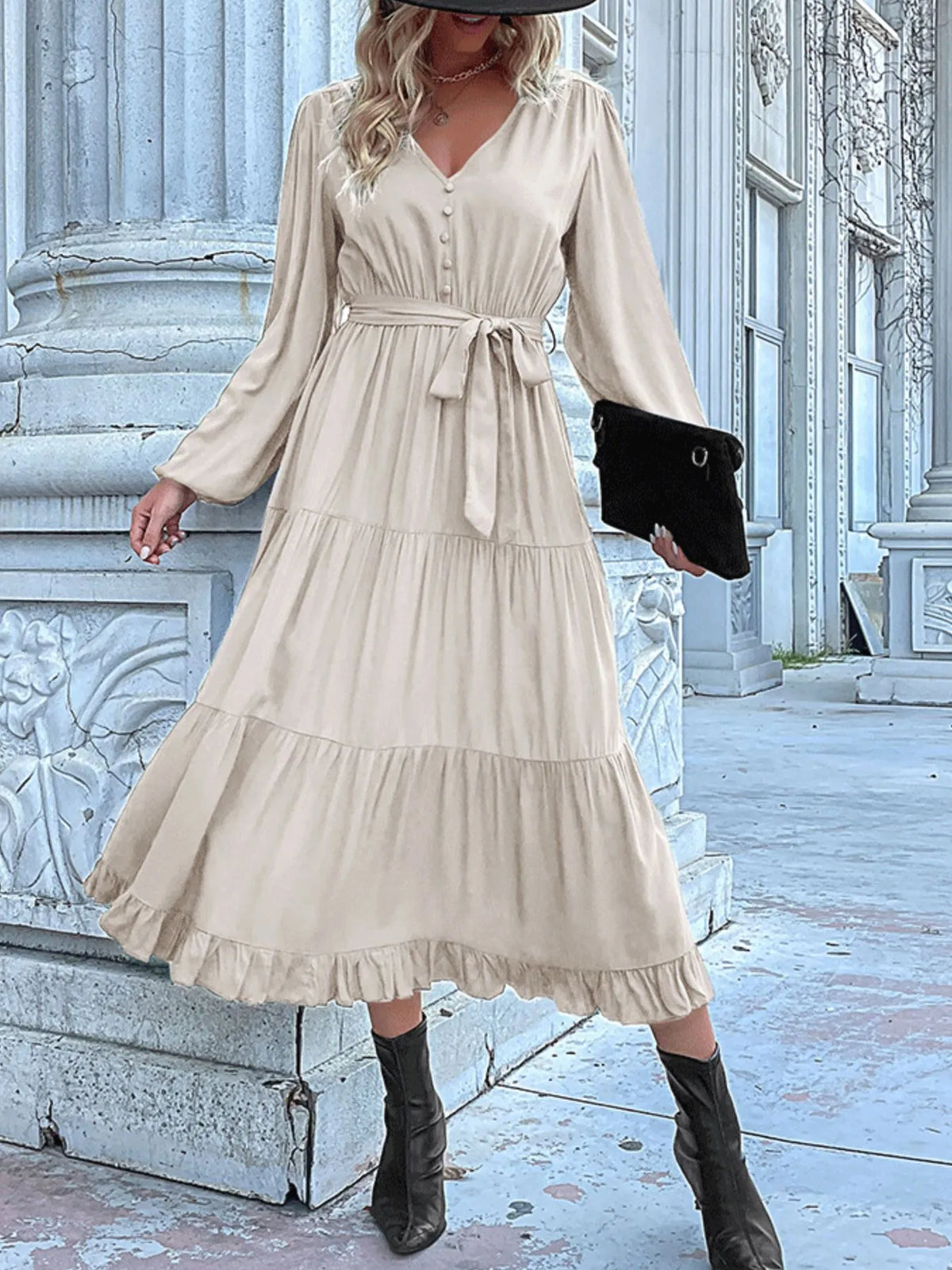 Ruffled Hem V-neck Balloon Sleeve Dress (28)