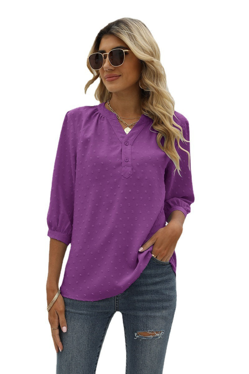 Swiss Dot Notched Neck Three-quarter Sleeve Blouse (16)