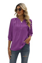 Swiss Dot Notched Neck Three-quarter Sleeve Blouse (16)