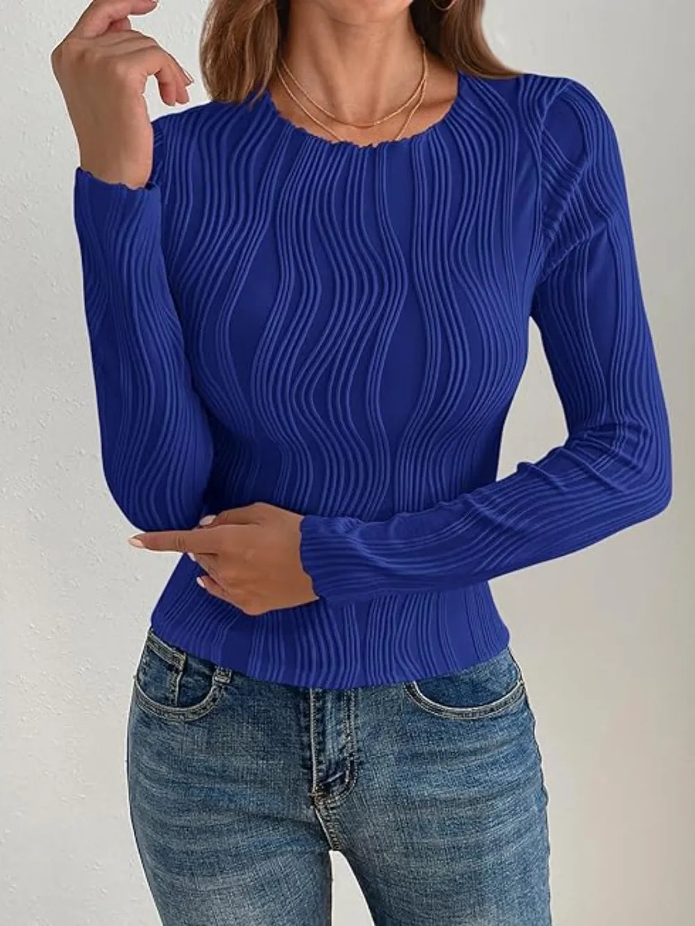 Textured Round Neck Long Sleeve Top (21)