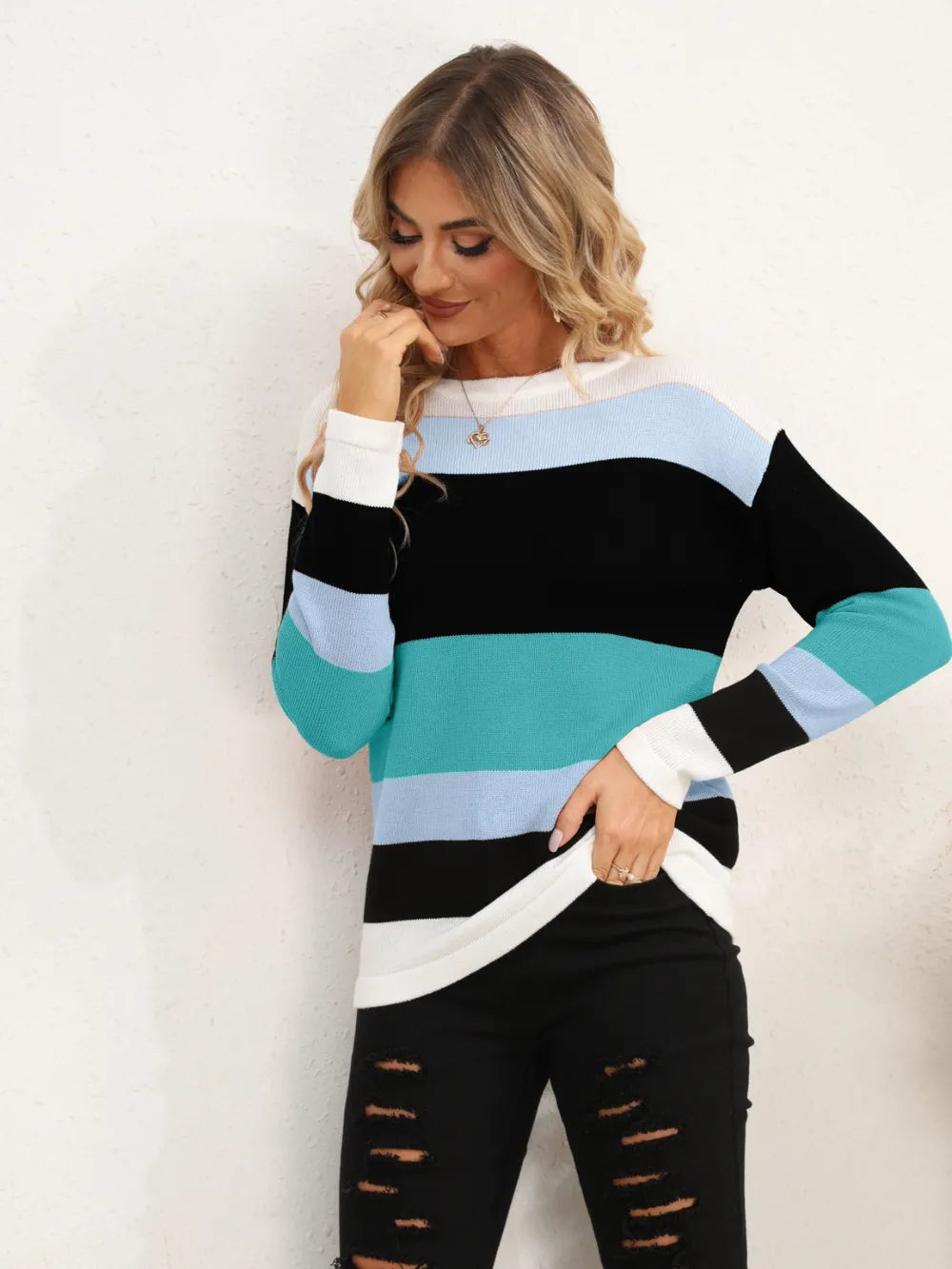Striped Round Neck Dropped Shoulder Sweater (15)