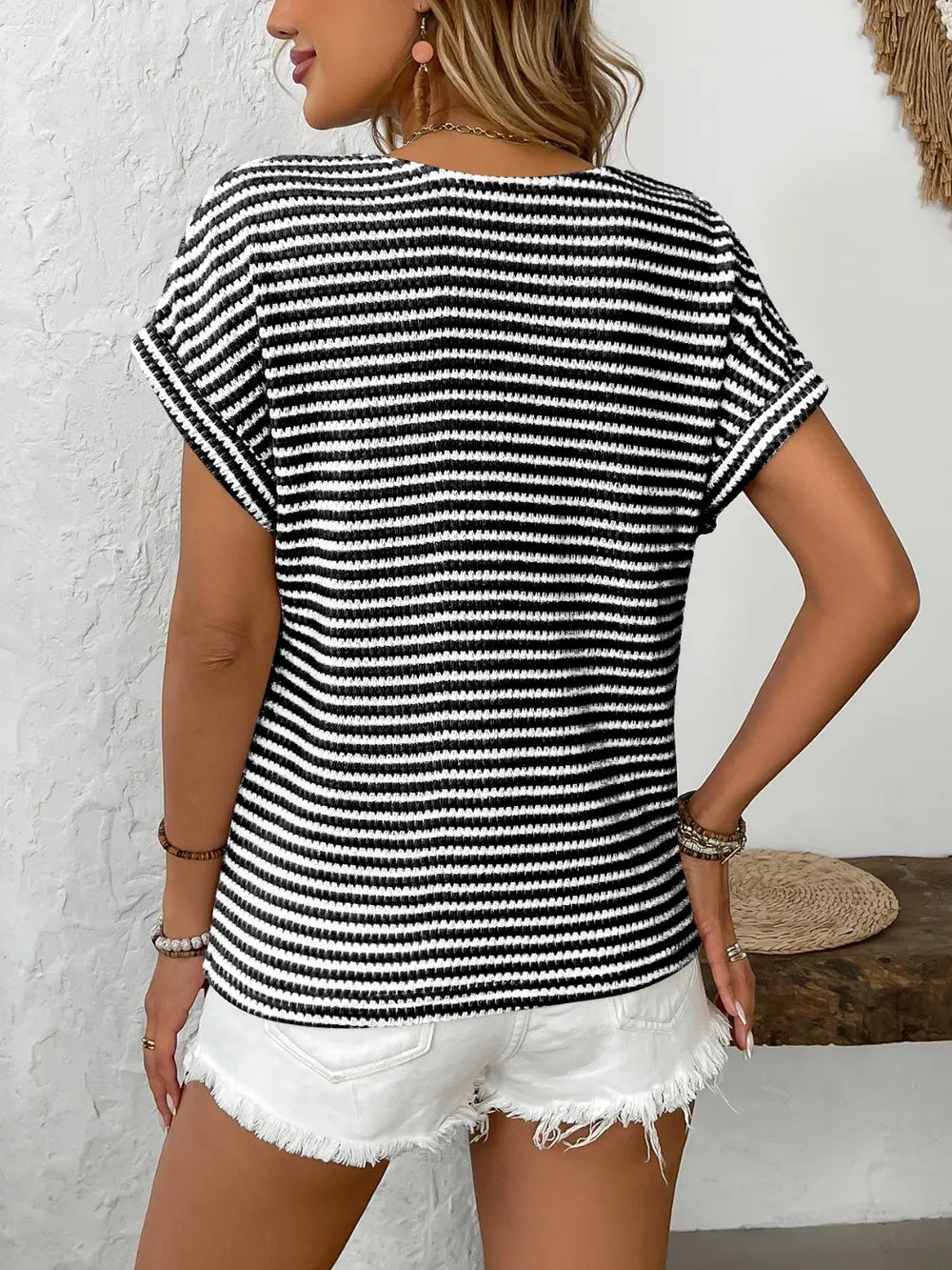 Striped V-neck Short Sleeve T-shirt (2)