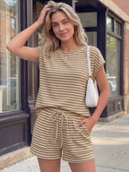 Striped Round Neck Tee Shorts Set (10)