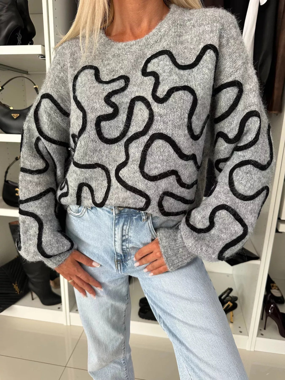 Abstract Pattern Oversized Round Neck Sweater (8)