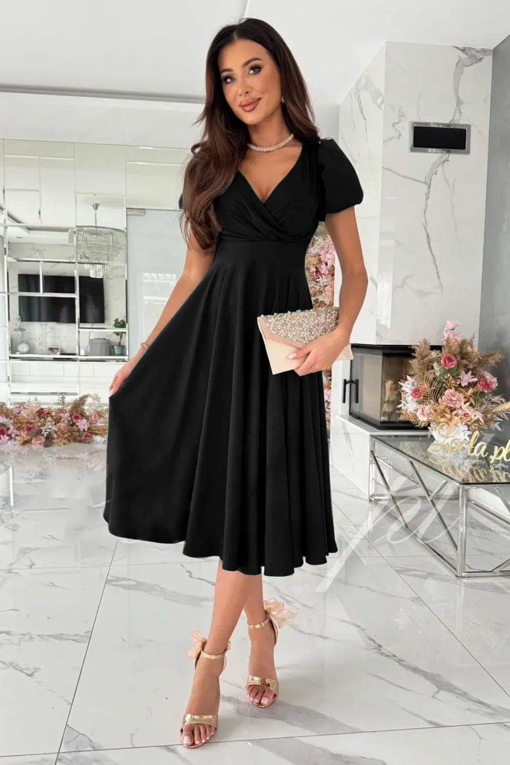 Surplice Puff Sleeve Midi Dress (4)