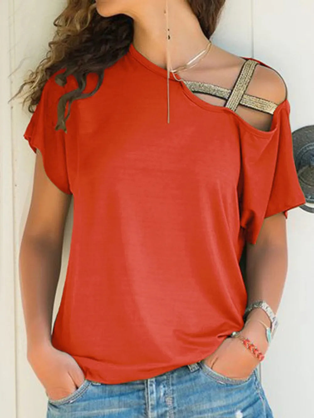 Asymmetrical Neck Short Sleeve T-shirt (8)