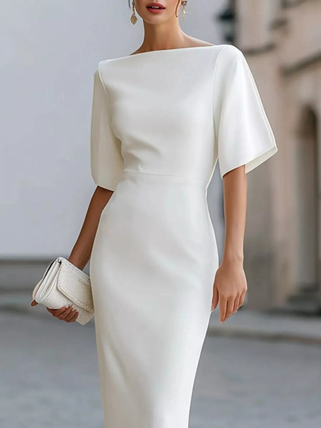 Half Sleeve Boat Neck Midi Dress (2)