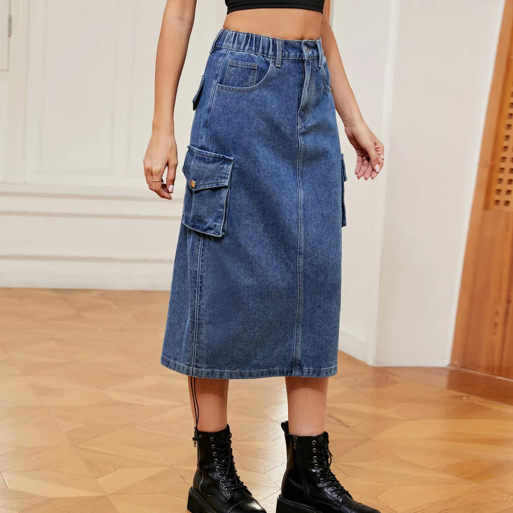 Drawstring Ruched Slit Denim Midi Skirt (2)