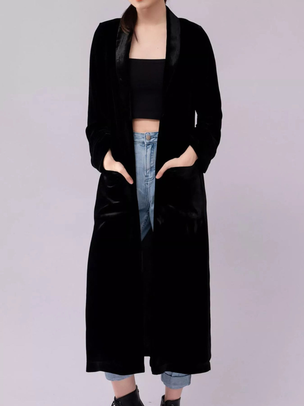 Velvet Lapel Collar Longline Coat (7)