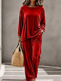 Full Size Velvet Long Sleeve Top Pants Set Plus