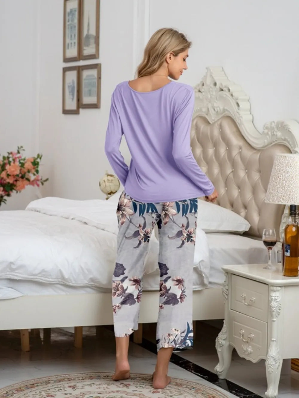 Round Neck Top Printed Pants Lounge Set (11)