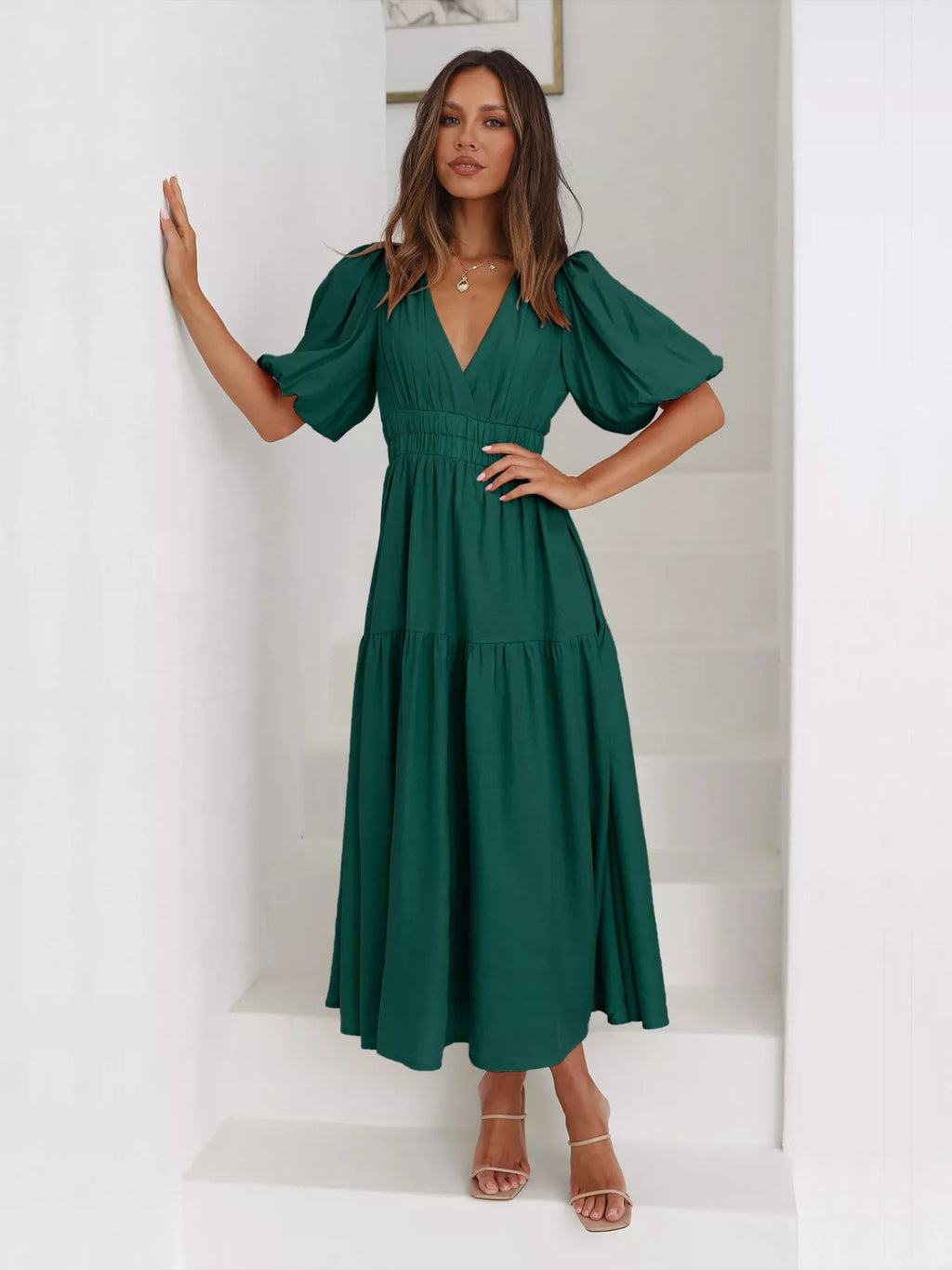 Tiered Puff Sleeve Midi Dress (9)