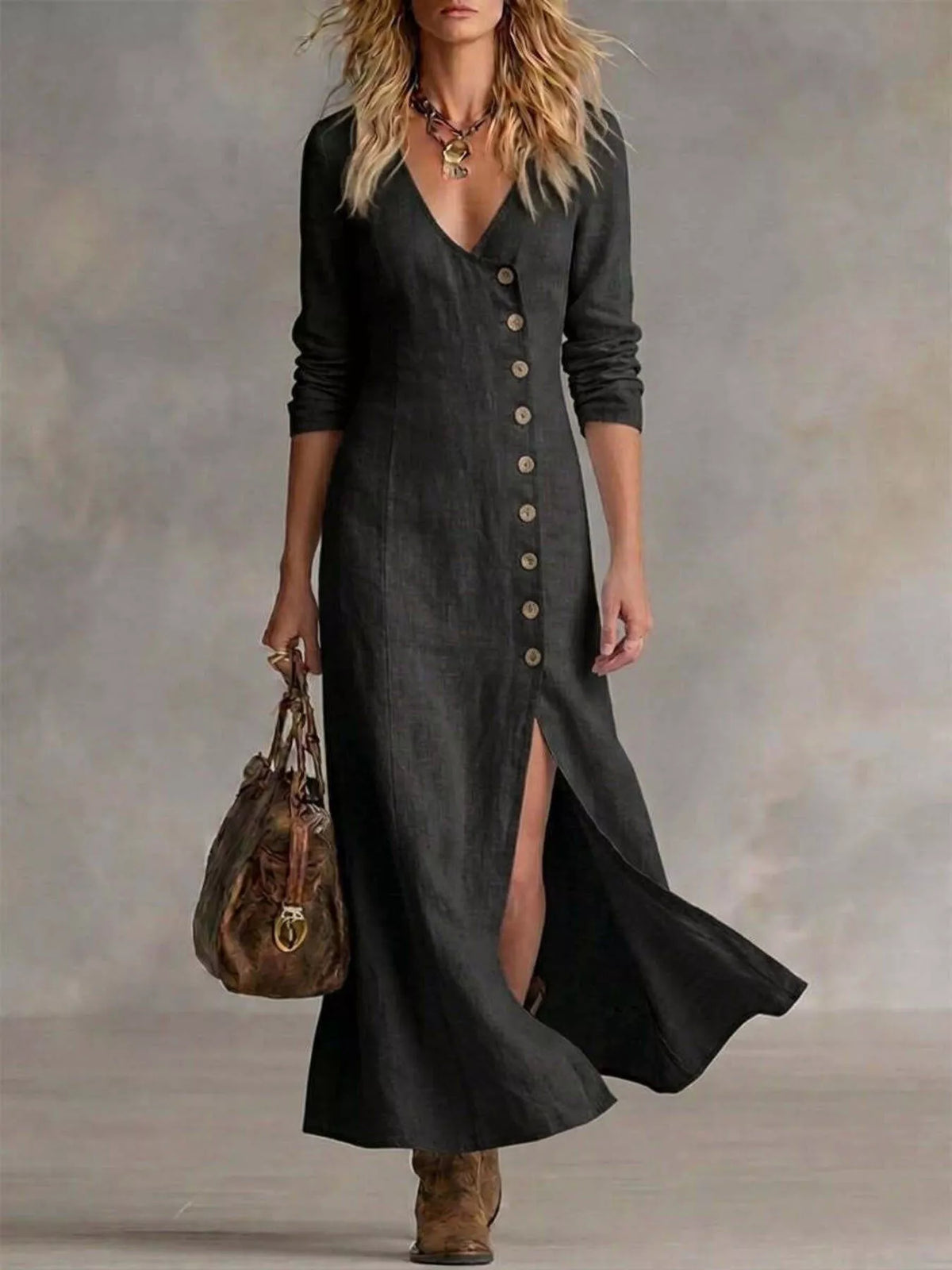 Slit Button-down Midi Dress (3)