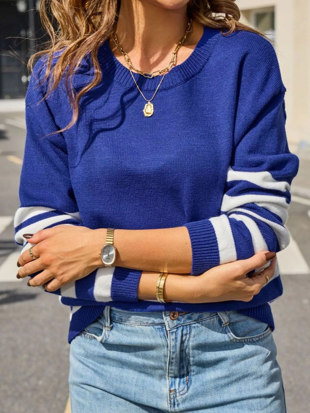 Striped Trim Crew Neck Sweater (15)