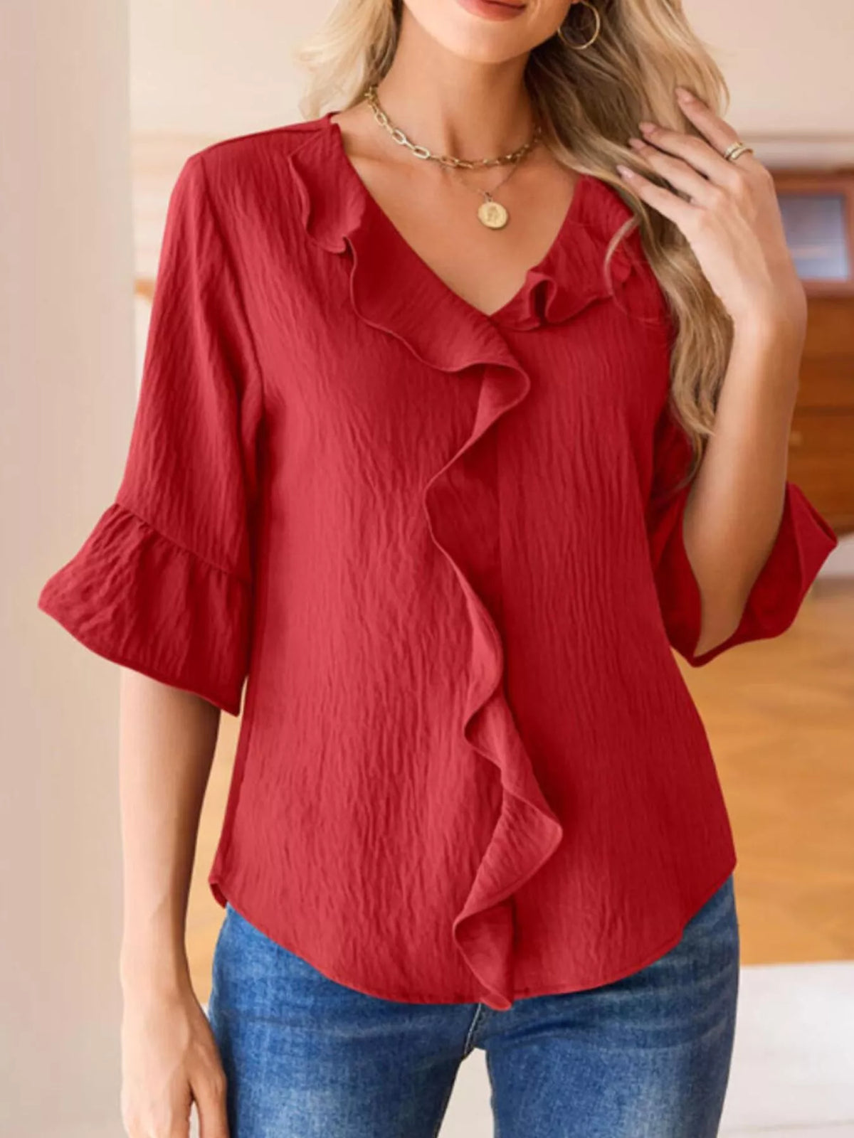 Ruffle Trim V-neck Blouse (12)