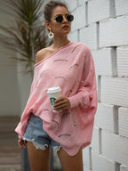 Full Size Boat Neck Lantern Sleeve Openwork Knit Top (10)