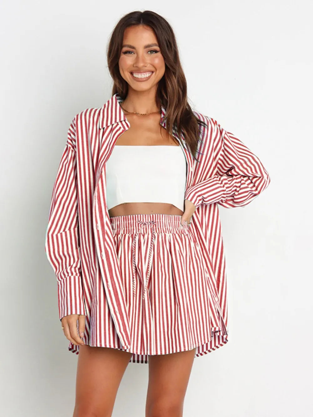 Striped Dropped Shoulder Shirt Shorts Set (12)