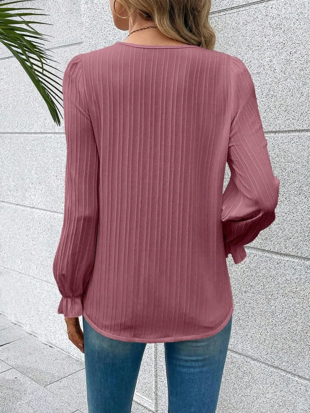 V-neck Lace Detail Flounce Sleeve Blouse (8)
