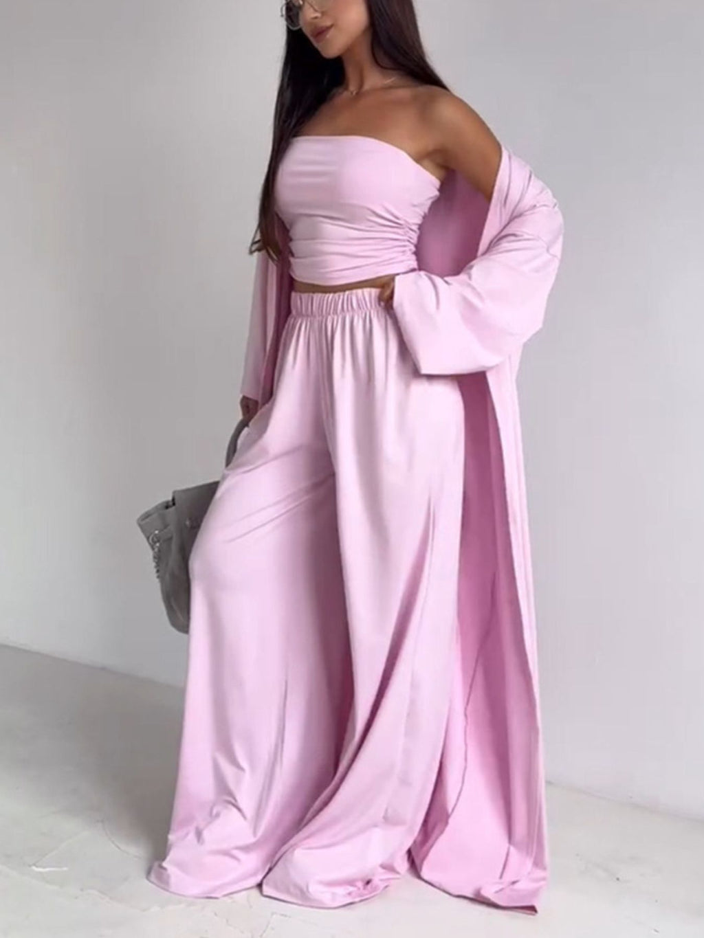 Tube Top Cardigan Pants Three Piece Set (3)