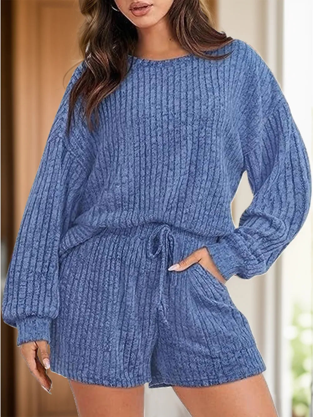 Round Neck Dropped Shoulder Top Shorts Set (4)