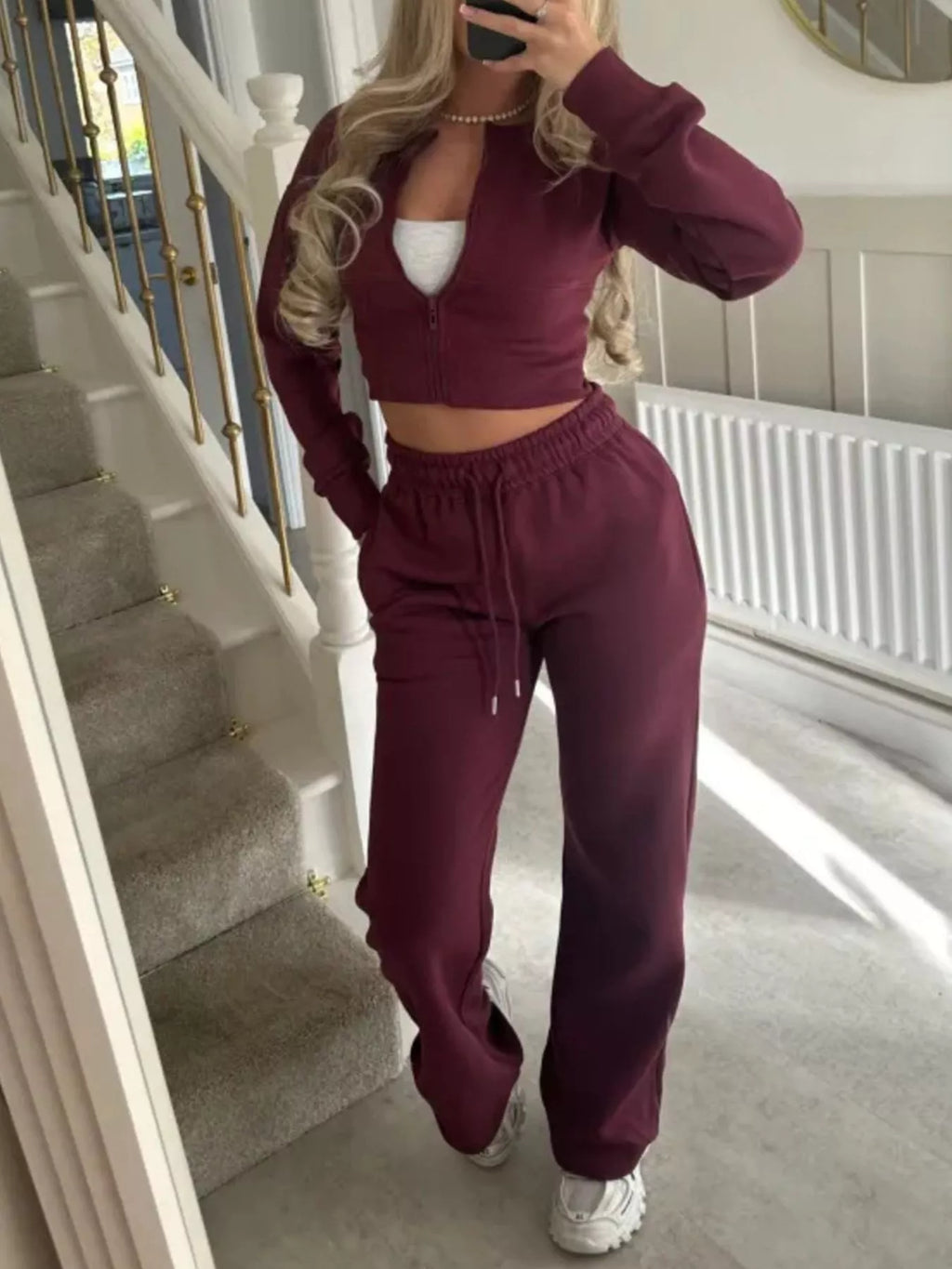 Zip-up Crop Hoodie High-waisted Pants Set (26)