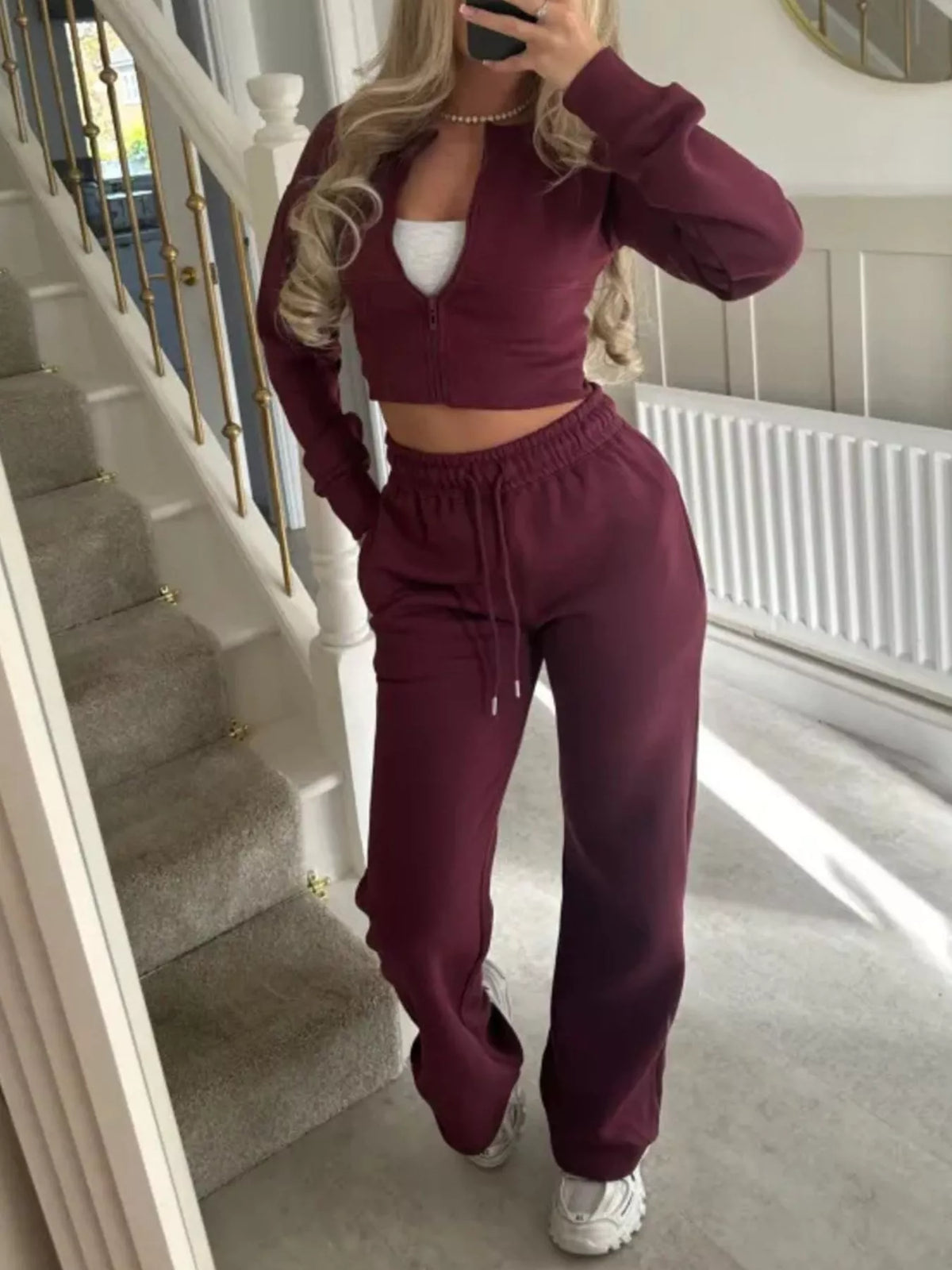 Zip-up Crop Hoodie High-waisted Pants Set (26)