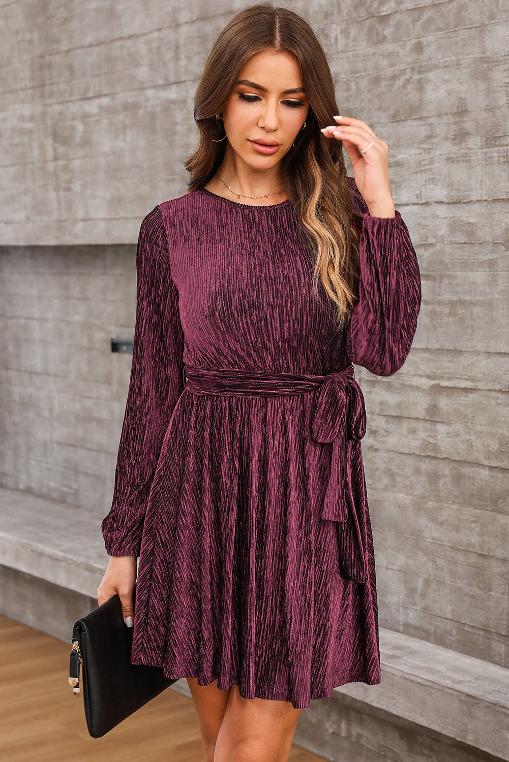 Round Neck Tie Front Long Sleeve Dress (7)