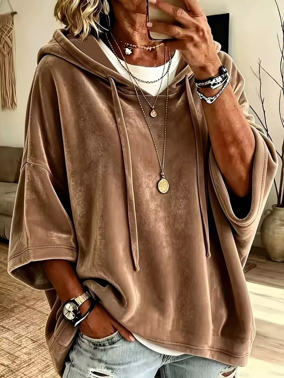 Full Size Velvet Half Sleeve Hoodie Drawstring Plus (20)