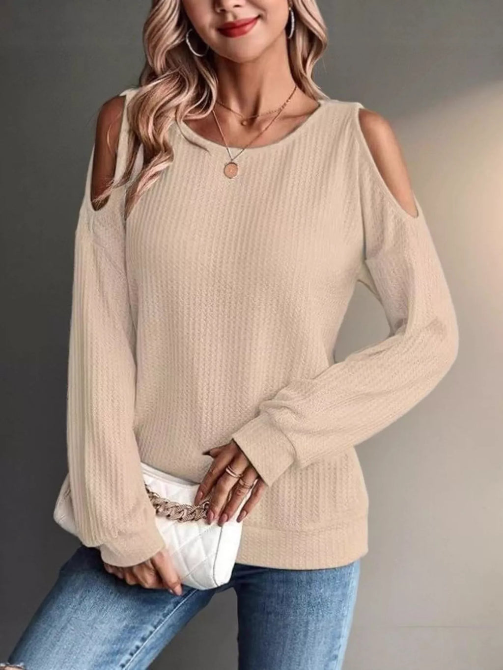 Solid Color Cold Shoulder Long Sleeve T-shirt (3)