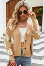 Floral Ribbed Trim Drop Shoulder Cardigan (17)