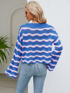 Round Neck Openwork Flare Sleeve Knit Top (12)