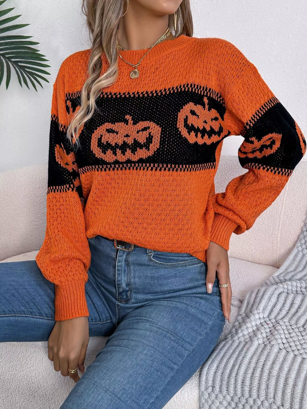 Halloween Pumpkin Pattern Round Neck Sweater (6)