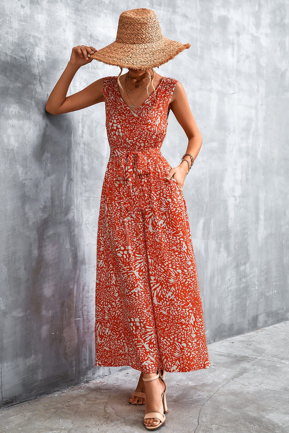Printed V-neck Tie Waist Maxi Dress (5)
