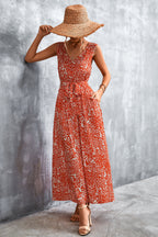 Printed V-neck Tie Waist Maxi Dress (5)