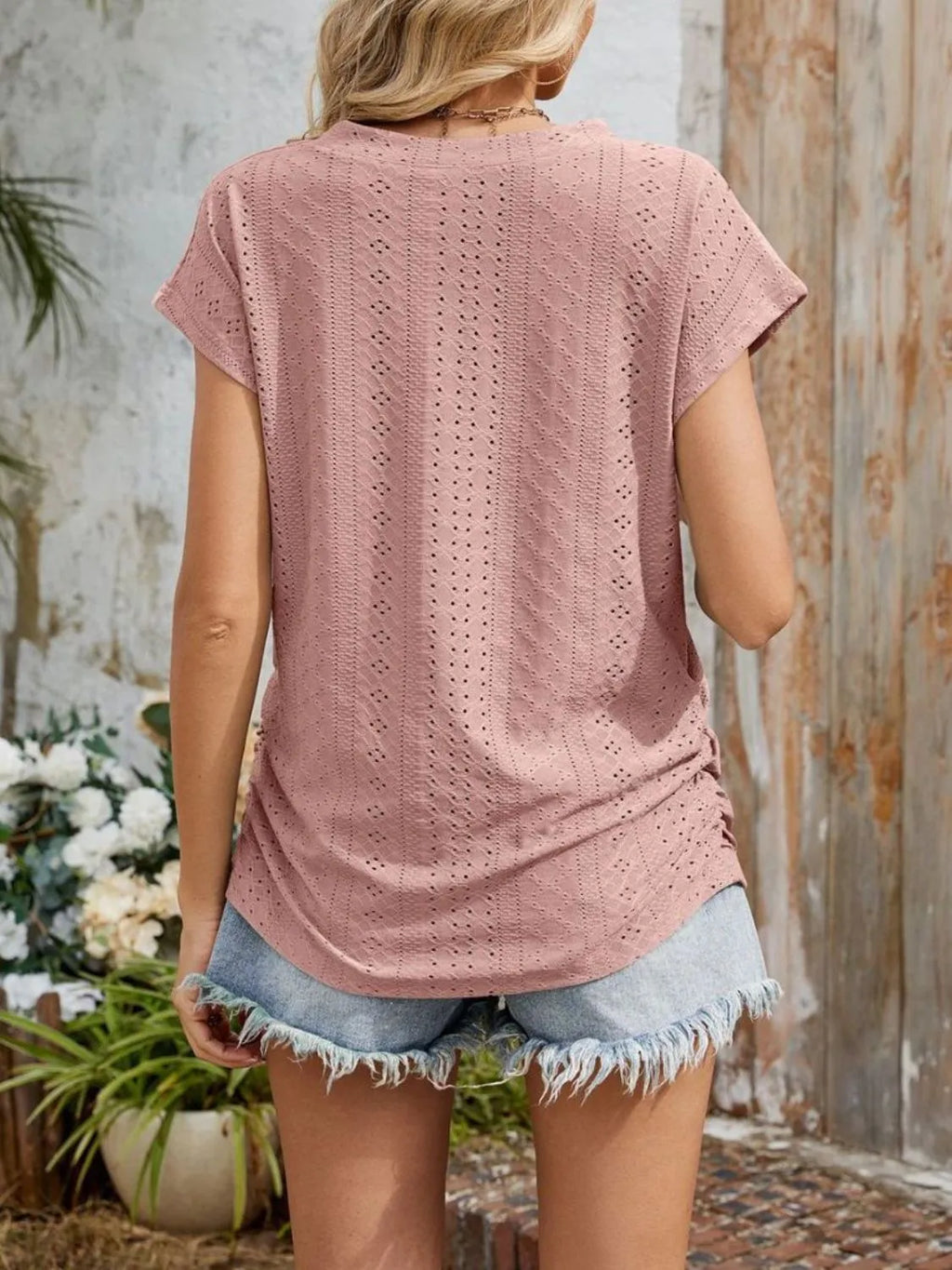 Eyelet V-neck Short Sleeve Top (26)