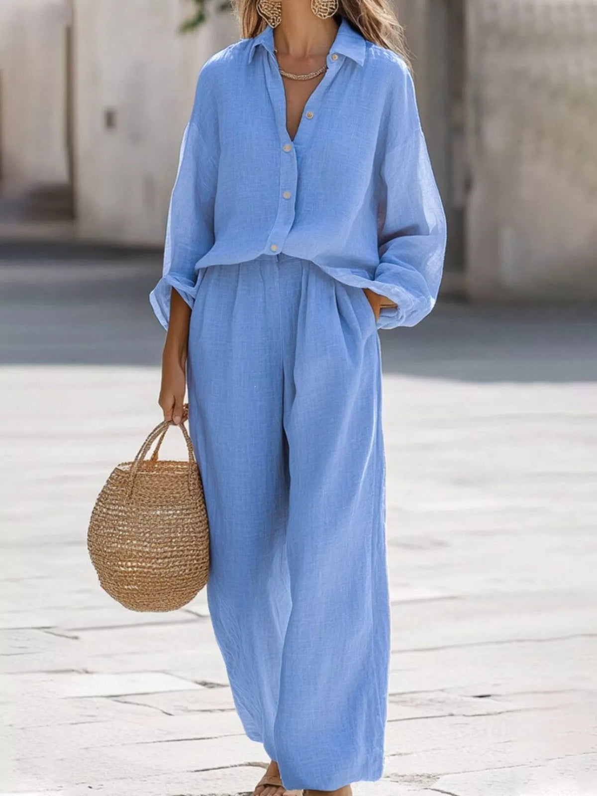 Full Size Loose Fit Shirt Wide Leg Pants Set Plus