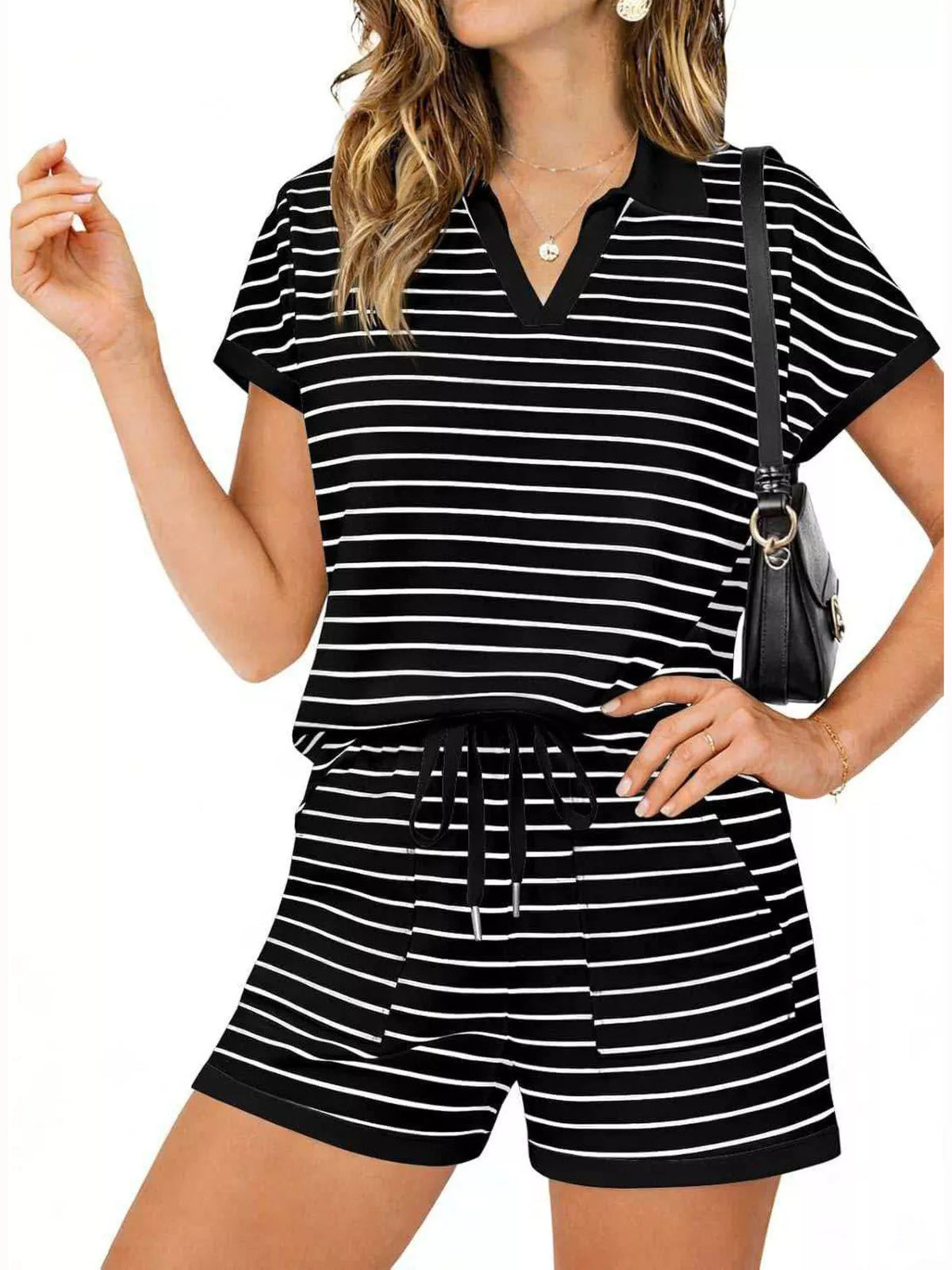 Striped Short Sleeve Polo Shorts Set (10)