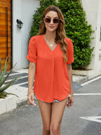 Ruched Short Sleeve V-neck Blouse (20)