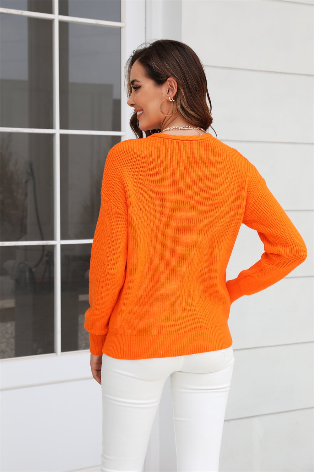 Ribbed V-neck Dropped Shoulder Knit Top (13)