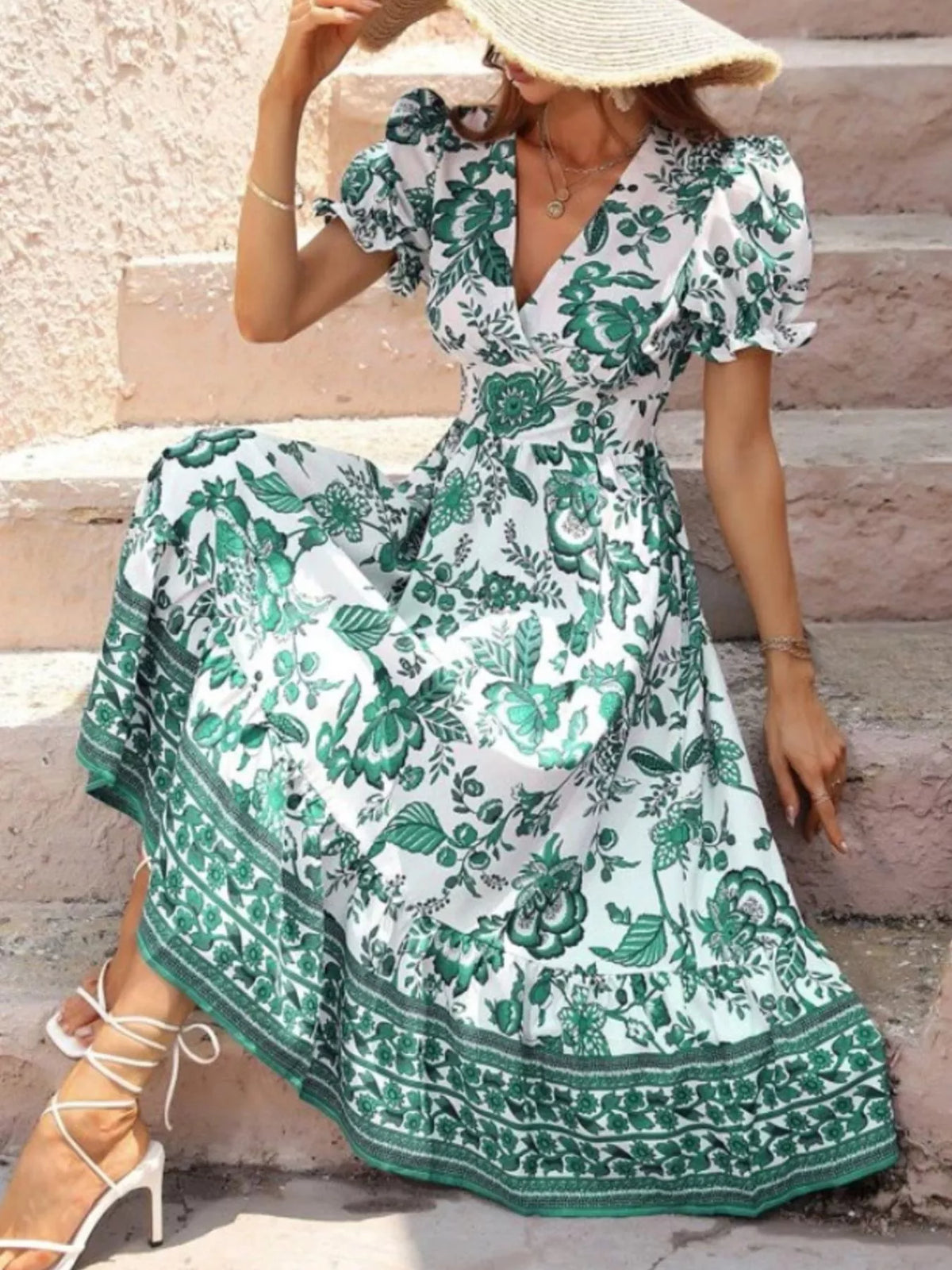 Floral Print Puff Sleeve Wrap Midi Dress (8)