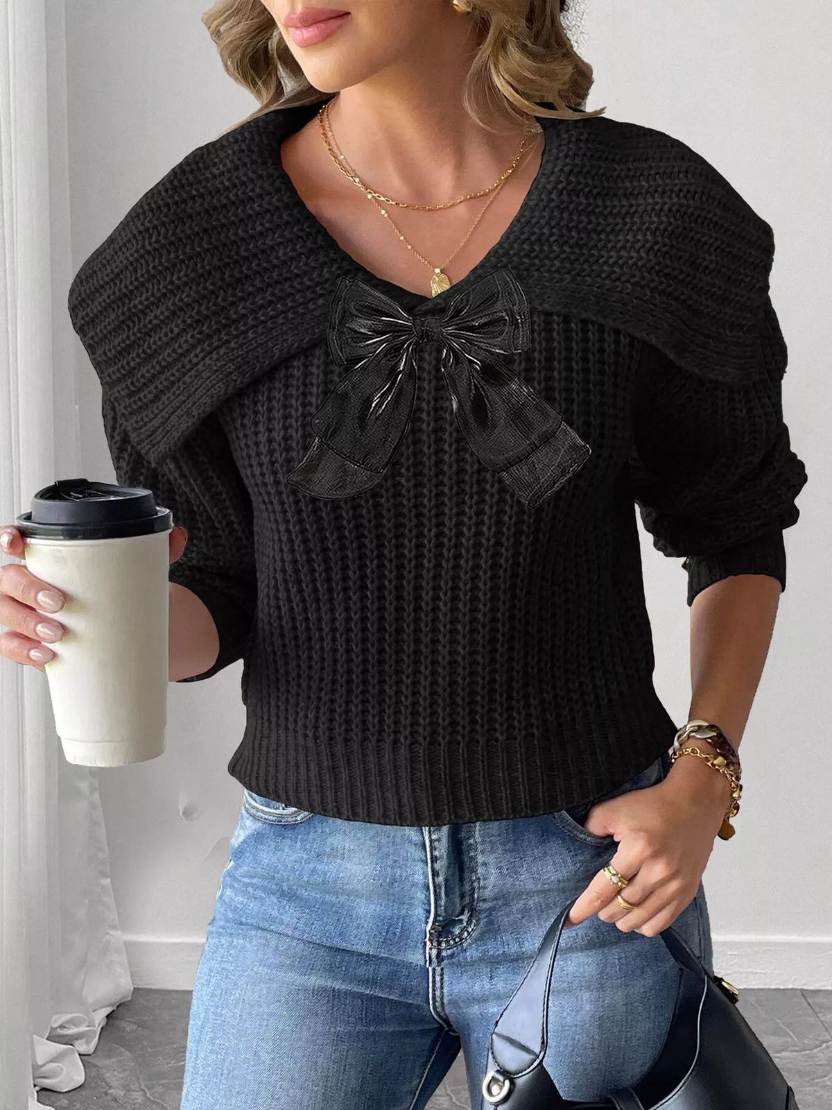 Contrast Bow Long Sleeve Sweater (7)