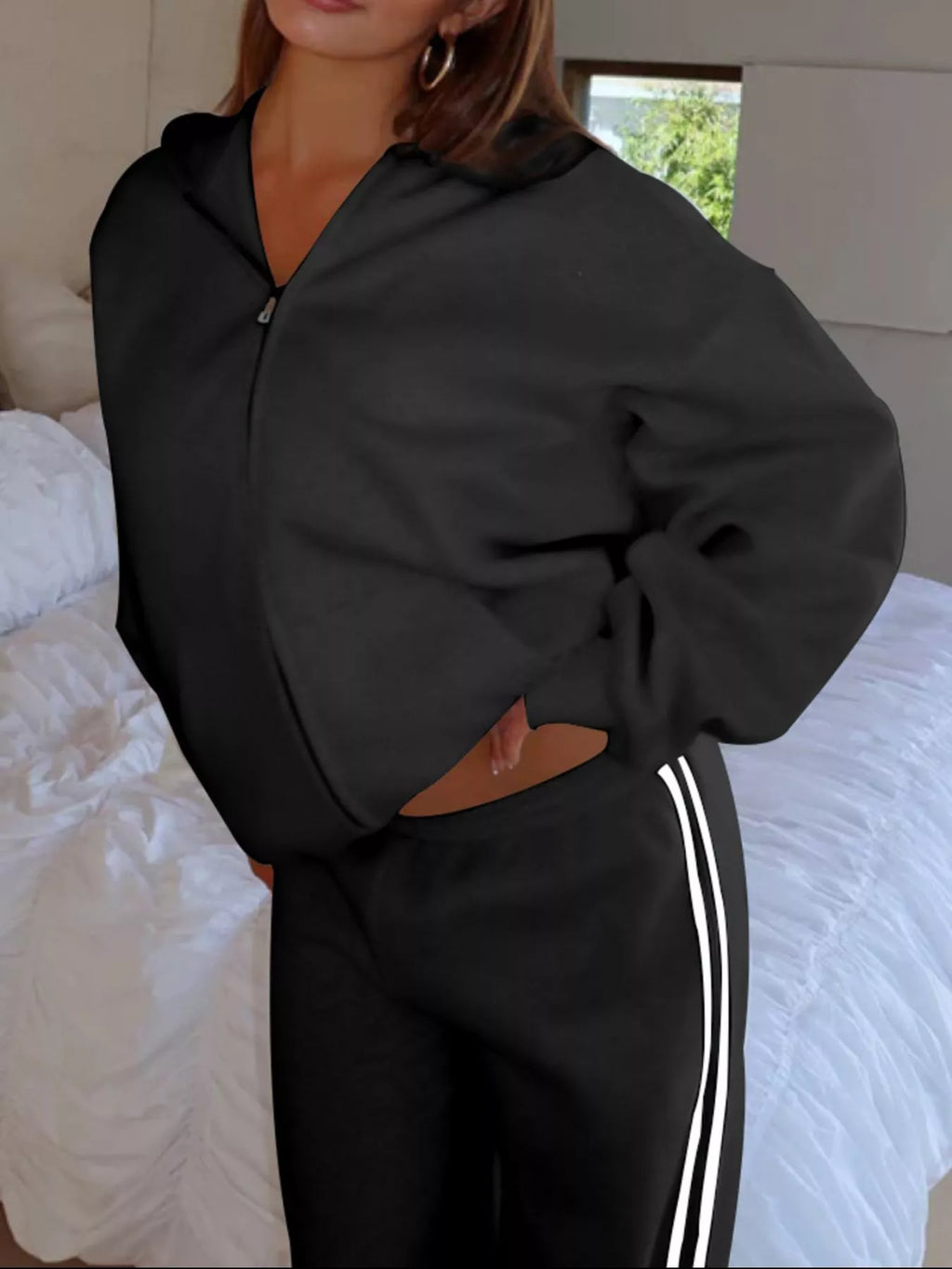 Zip Up Hoodie Striped Pants Set (2)