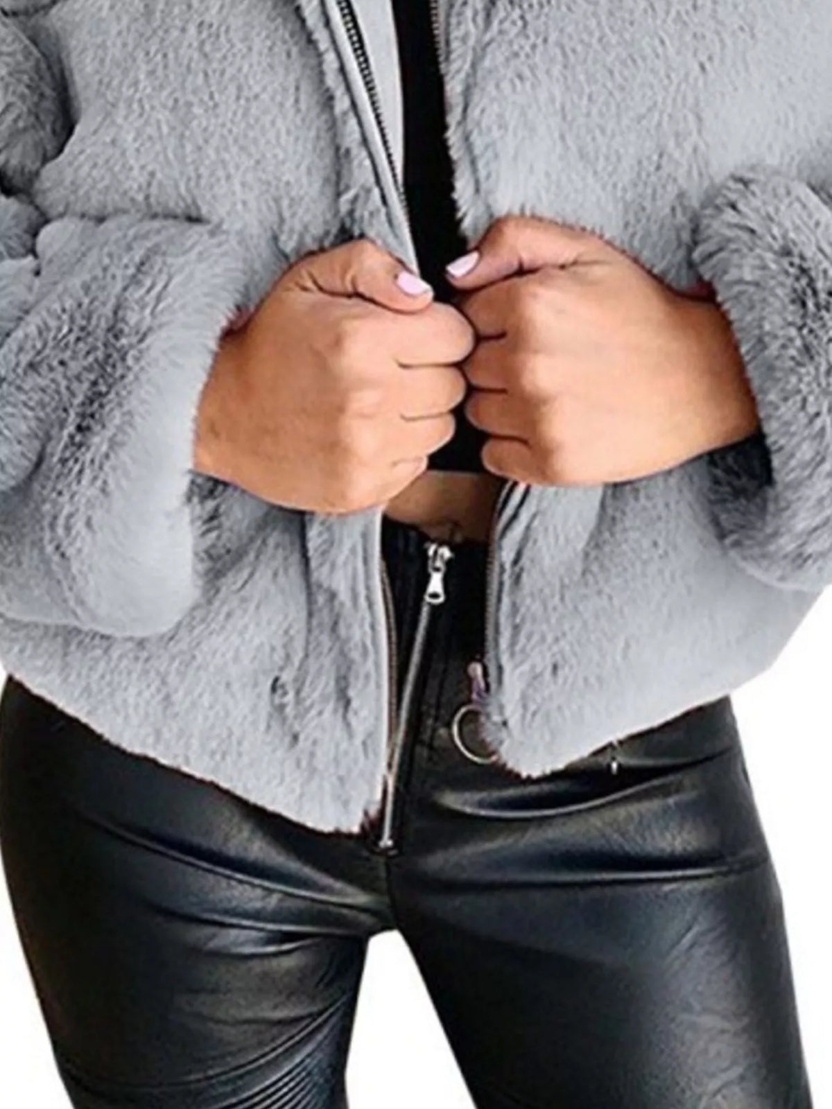 Full Size Faux Fur Cropped Zip-up Jacket Plus (17)