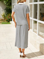 Striped Polo Collar Top Slit Skirt Two-piece Set (13)