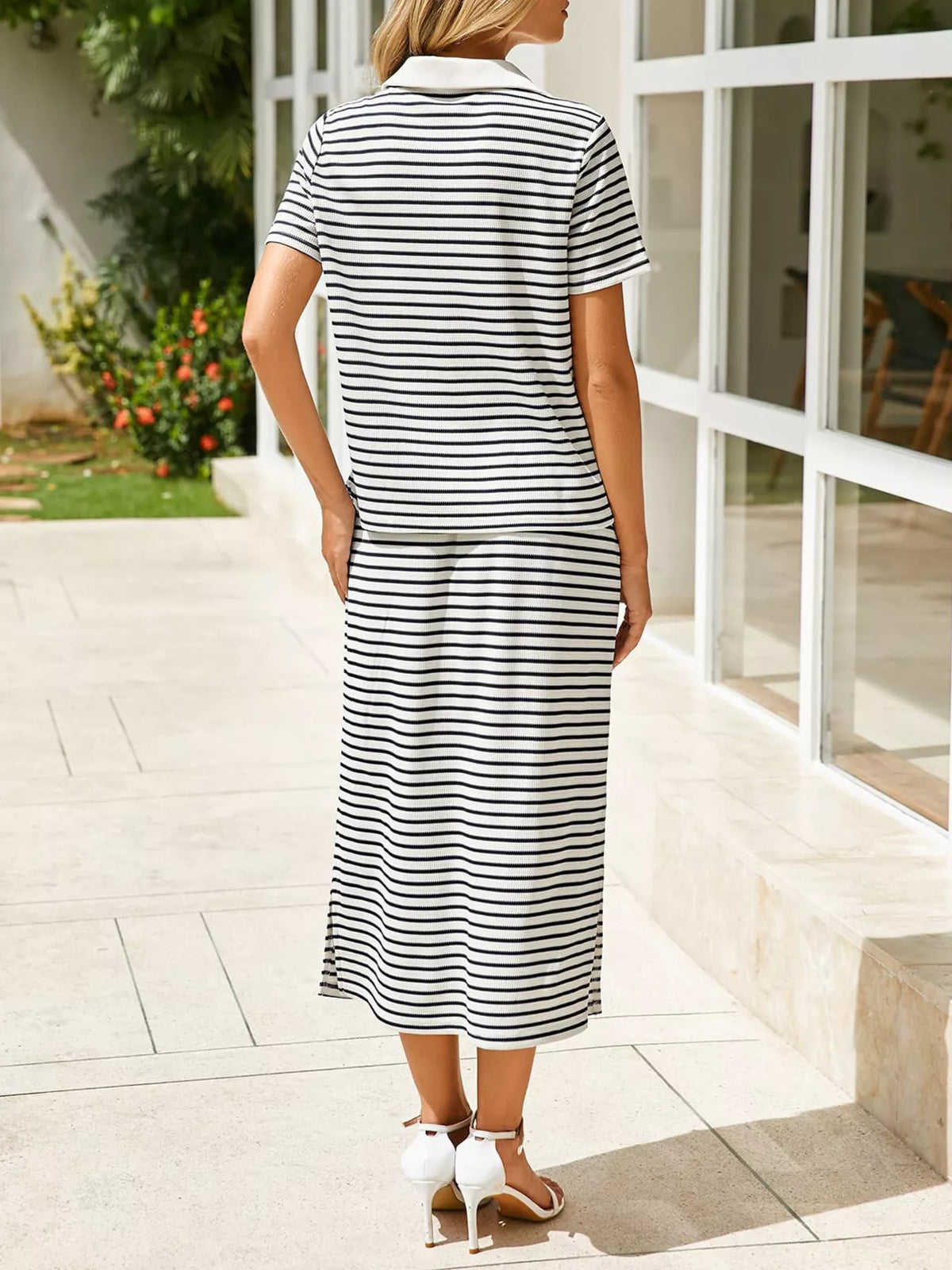 Striped Polo Collar Top Slit Skirt Two-piece Set (13)