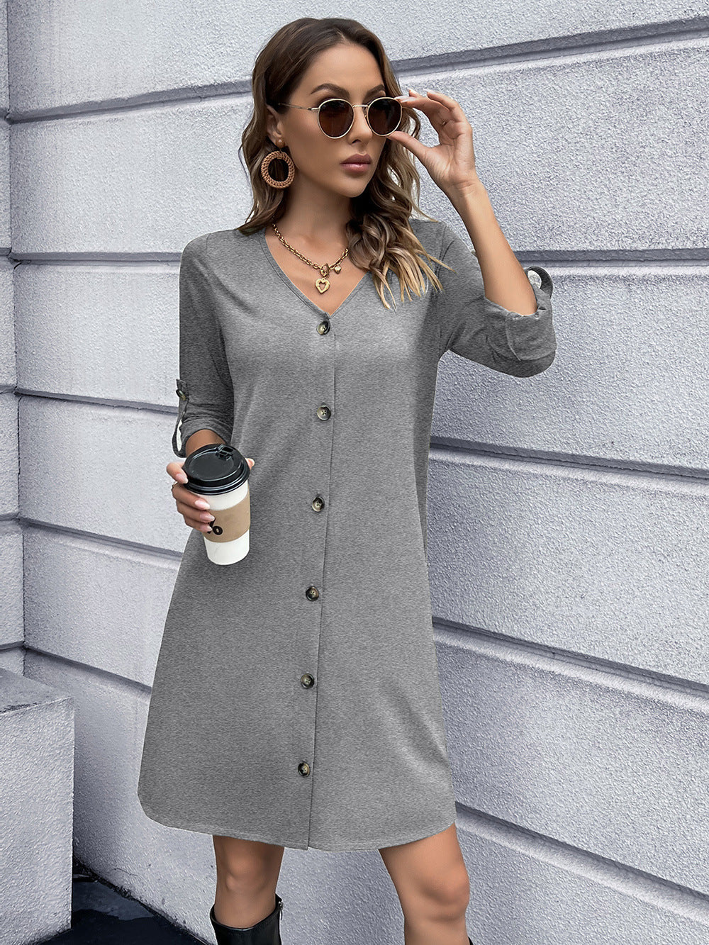 Button Down V-neck Mini Dress (6)