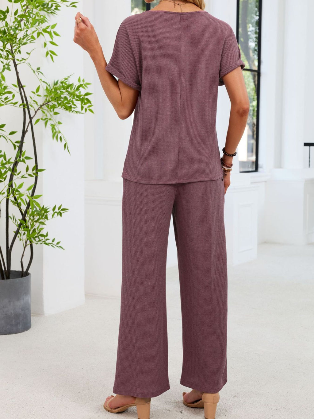 Lace Detail Short Sleeve Top Pants Set (6)