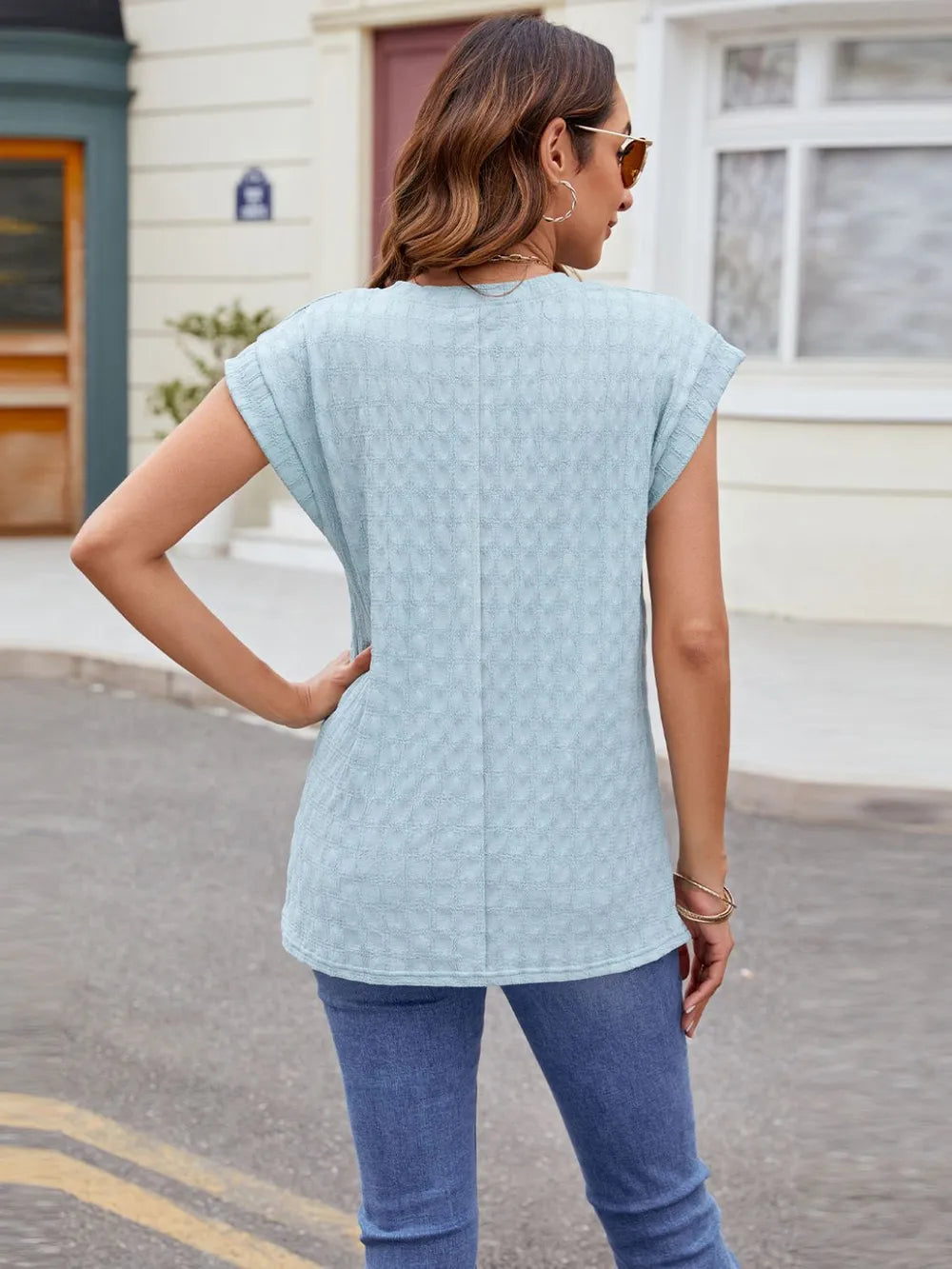 Textured Round Neck Cap Sleeve T-shirt (3)