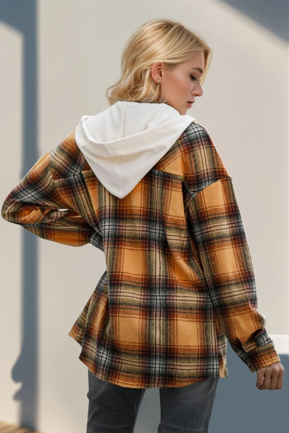 Drawstring Plaid Long Sleeve Hooded Shacket (2)