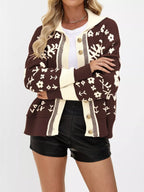 Floral Pattern Knit Cardigan Contrast Collar (8)